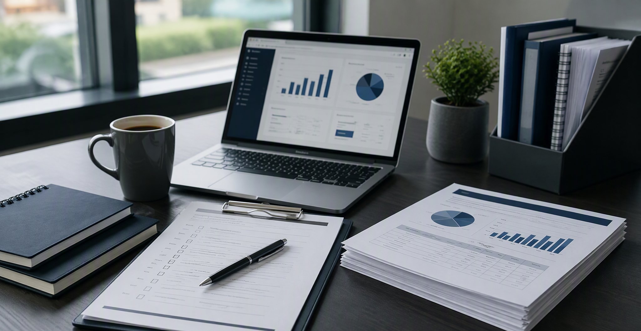 An organized business workspace with documents, checklists, and a performance dashboard